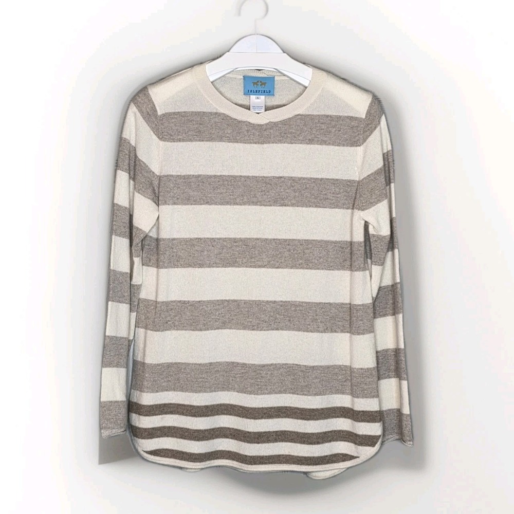 IsleField Eleanor Boatneck Cashmere Knit Sweater Classic Stripe Beige Sz Large